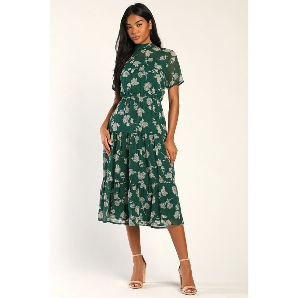 Lulus Floral Dressed Up Dark Green Floral Print Midi Dress - Size S